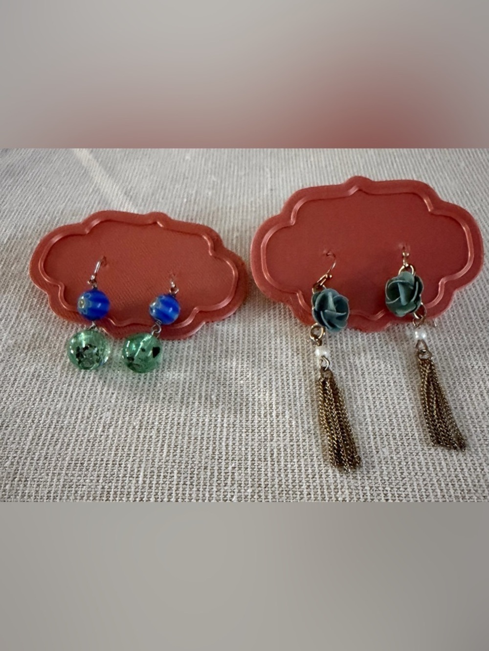 Two Pair Green and Blue Glass Bead Drop Earrings - Women Jewelry